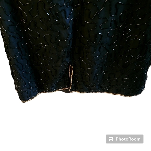 Vintage 80's Small 100% Silk Black Gold Beaded Cocktail Dress Wedding Prom - Picture 6 of 7